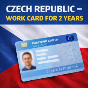 Czech Republic 2 year work card permit for foreign workers with Czech flag background