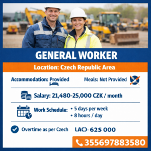 General Worker job opportunity in Czech Republic with accommodation provided, salary 21,480–25,000 CZK per month and contact number for application.